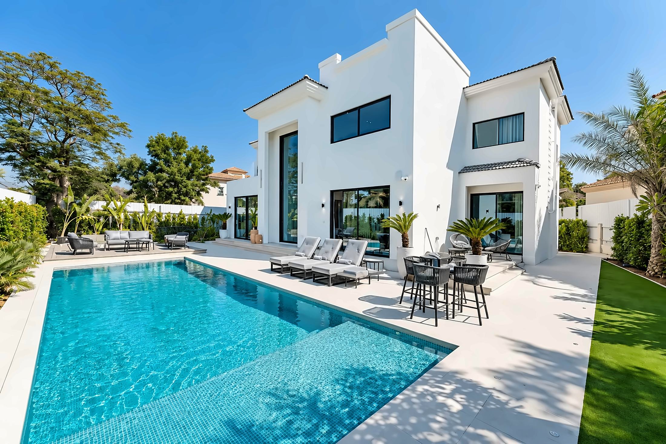 Modern white villa with pool terrace and aluminium-framed glazing in daylight by R.E.M
